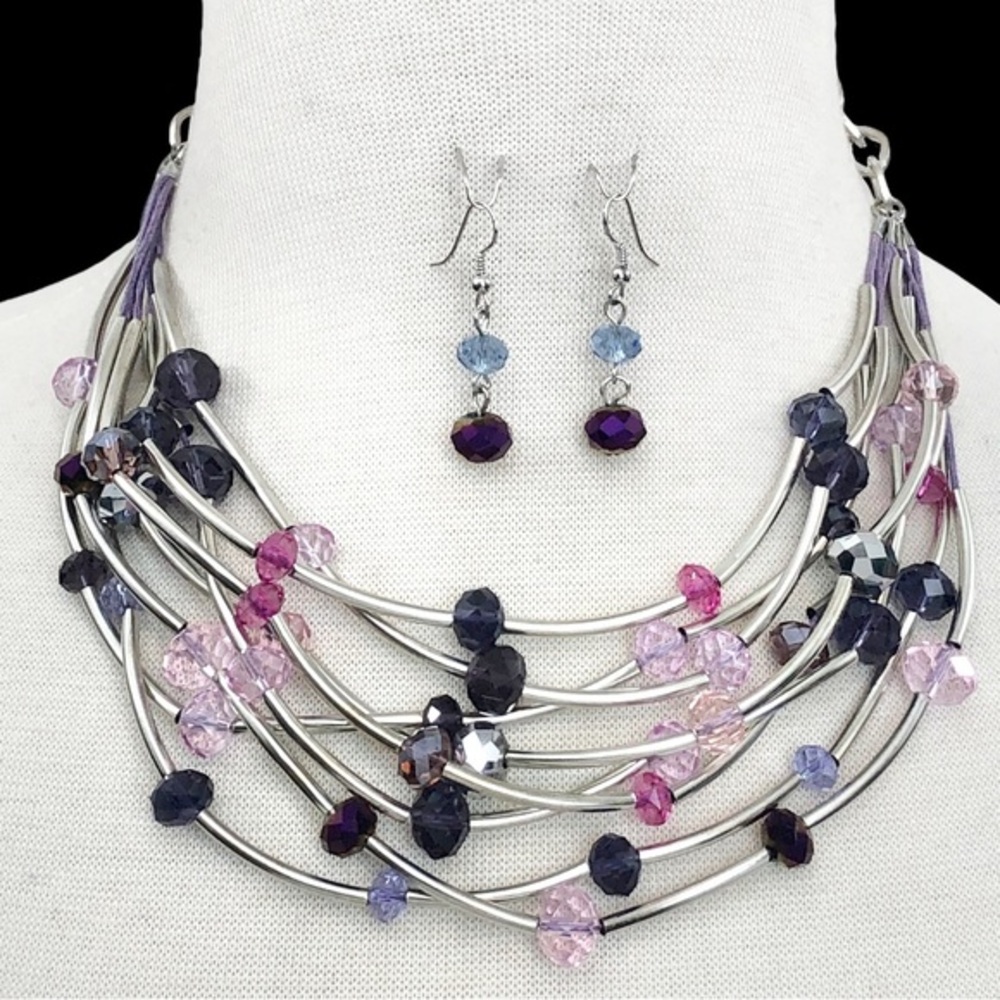 Layered Pink Purple Lavender Beaded Necklace Earrings Set